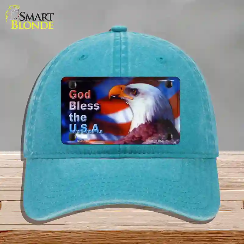 God Bless USA Eagle Novelty License Plate Hat Unconstructed Cotton / Lake Blue