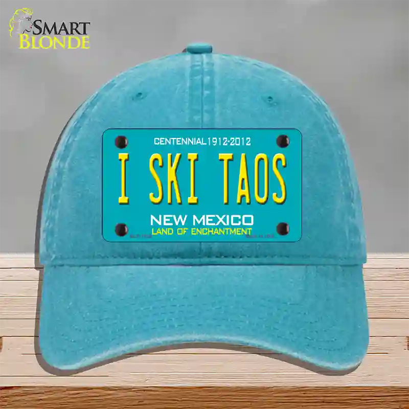 I Ski Taos New Mexico Novelty License Plate Hat Unconstructed Cotton / Lake Blue