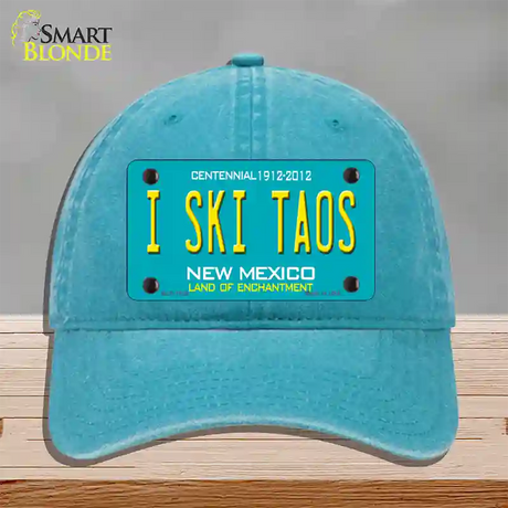 I Ski Taos New Mexico Novelty License Plate Hat Unconstructed Cotton / Lake Blue