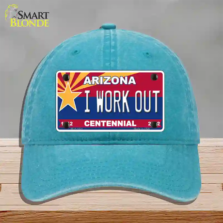 Arizona Centennial I Work Out Novelty License Plate Hat Unconstructed Cotton / Lake Blue