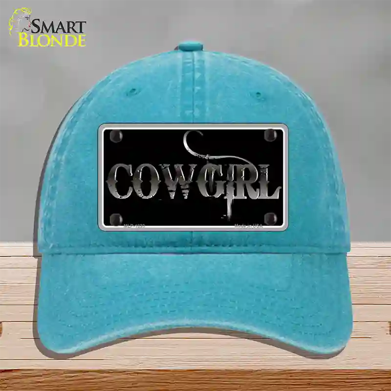 Cowgirl Black Novelty License Plate Hat Unconstructed Cotton / Lake Blue