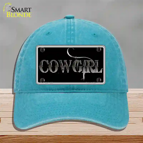 Cowgirl Black Novelty License Plate Hat Unconstructed Cotton / Lake Blue