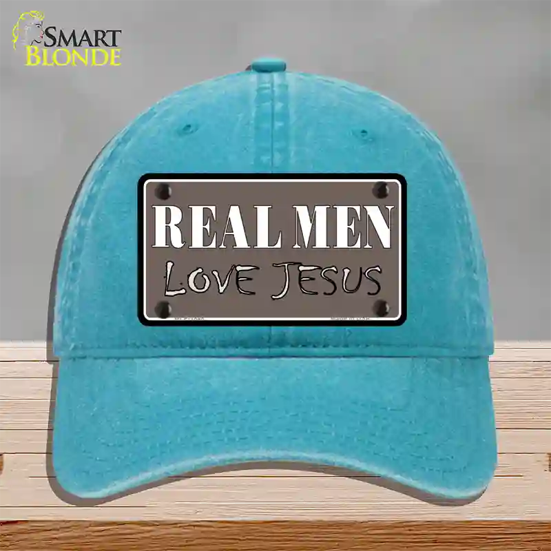 Real Men Love Jesus Novelty License Plate Hat Unconstructed Cotton / Lake Blue