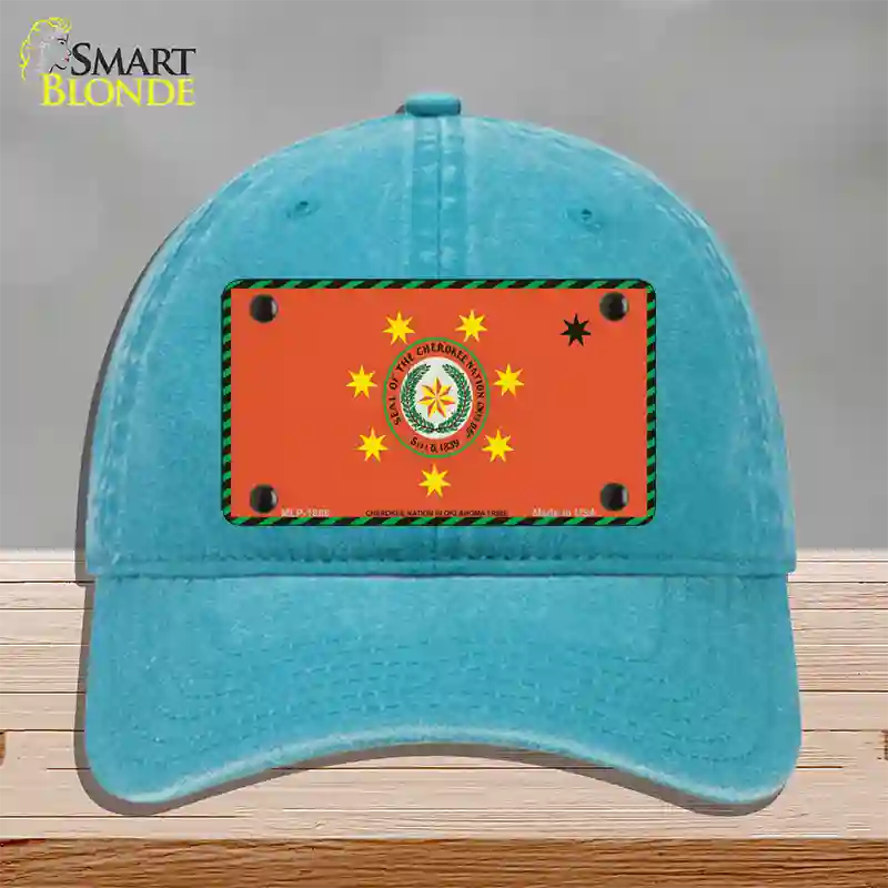 Cherokee Nation Flag Novelty License Plate Hat Unconstructed Cotton / Lake Blue