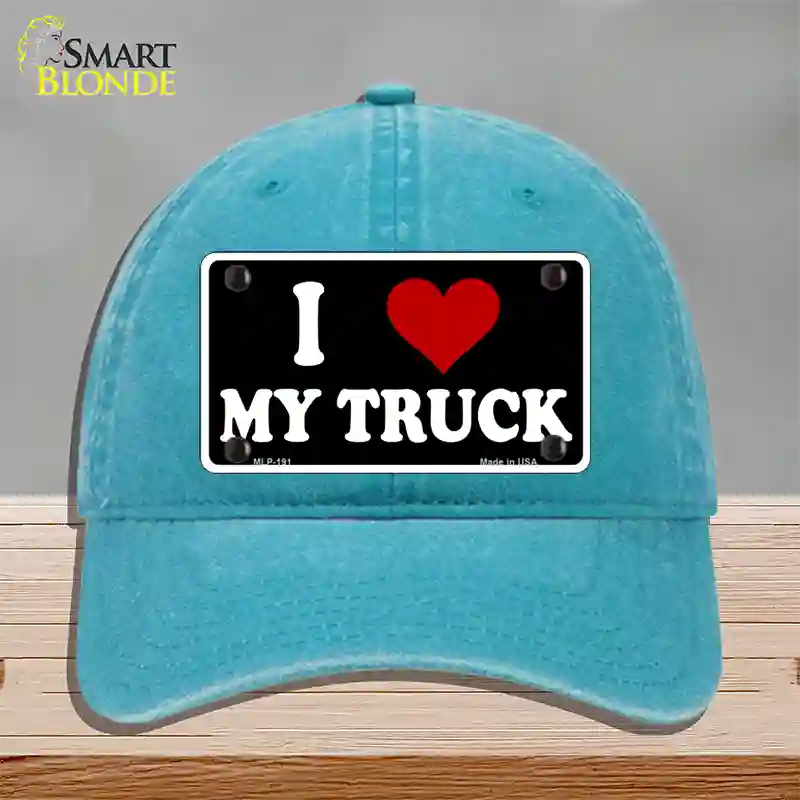 I Love My Truck Black Novelty License Plate Hat Unconstructed Cotton / Lake Blue