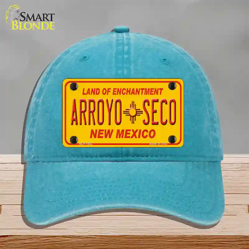 Arroyo Seco Yellow New Mexico Novelty License Plate Hat Unconstructed Cotton / Lake Blue