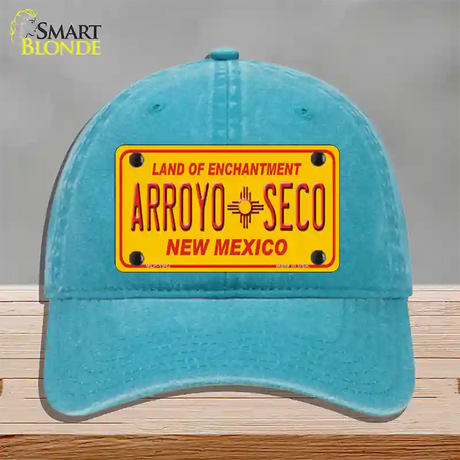 Arroyo Seco Yellow New Mexico Novelty License Plate Hat Unconstructed Cotton / Lake Blue