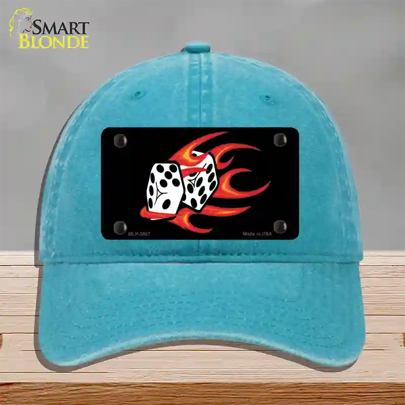 Red Hot Flaming Dice Novelty License Plate Hat Unconstructed Cotton / Lake Blue