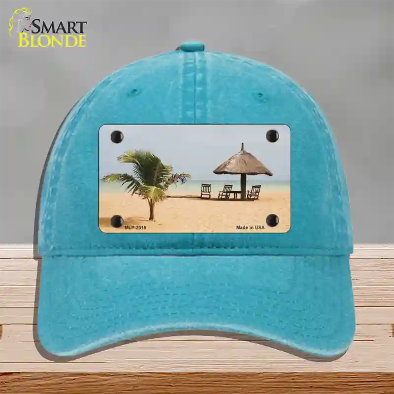 Tropical Beach Setting Novelty License Plate Hat Unconstructed Cotton / Lake Blue