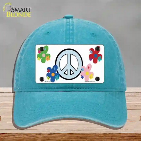 Peace Sign and Flowers Novelty License Plate Hat Unconstructed Cotton / Lake Blue