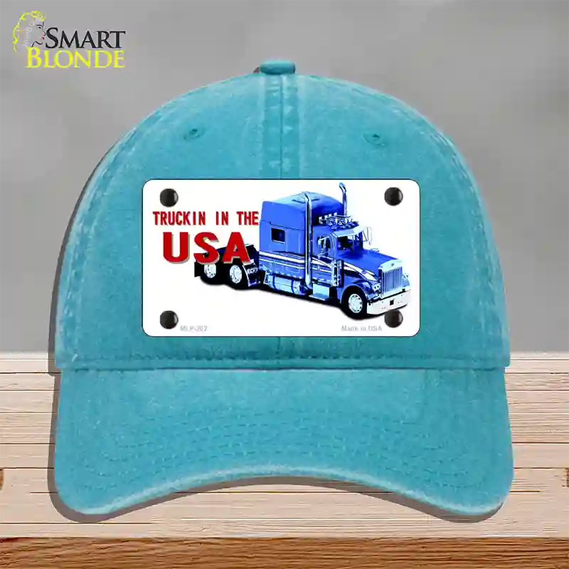 Trucking In The USA Novelty License Plate Hat Unconstructed Cotton / Lake Blue