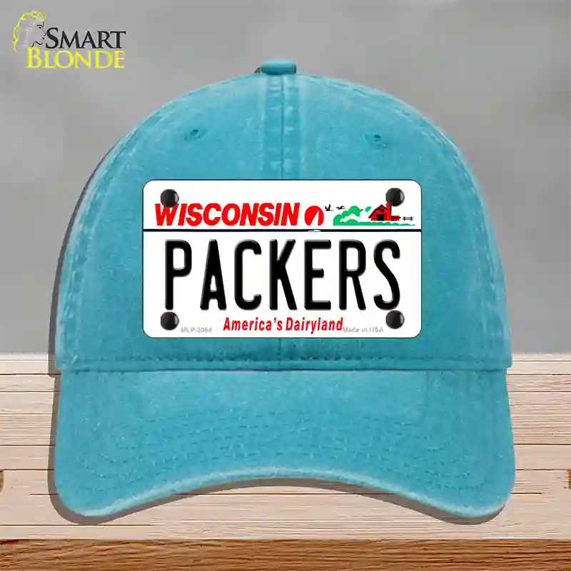 Packers Wisconsin State Novelty License Plate Hat Unconstructed Cotton / Lake Blue