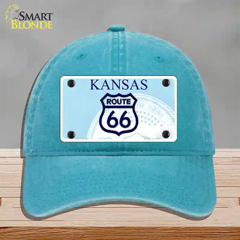 Route 66 Shield Kansas Novelty License Plate Hat Unconstructed Cotton / Lake Blue