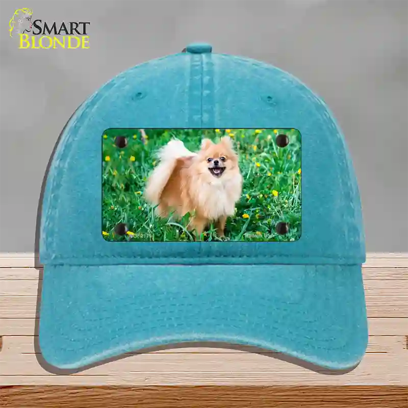 Pomeranian Dog Novelty License Plate Hat Unconstructed Cotton / Lake Blue