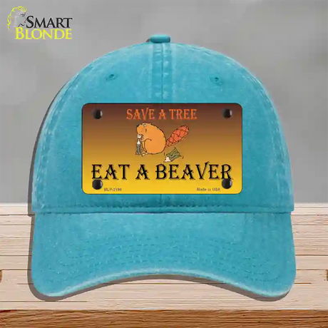 Save A Tree Eat a Beaver Novelty License Plate Hat Unconstructed Cotton / Lake Blue