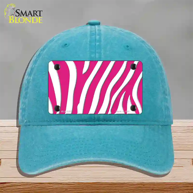 Hot Pink White Zebra Novelty License Plate Hat Unconstructed Cotton / Lake Blue