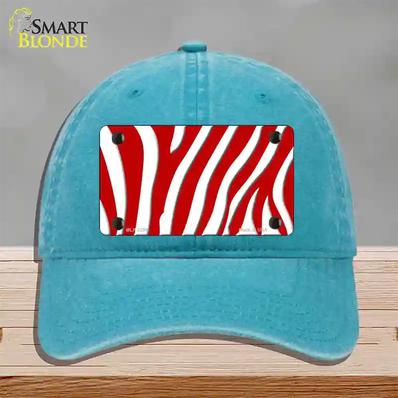 Red White Zebra Novelty License Plate Hat Unconstructed Cotton / Lake Blue