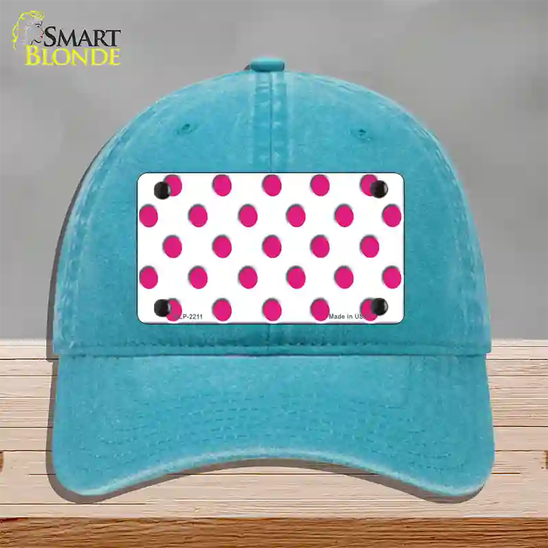 Hot Pink Polka Dots White Novelty License Plate Hat Unconstructed Cotton / Lake Blue