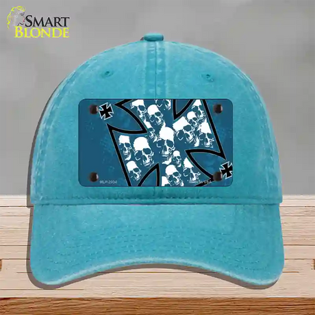 Maltese Cross Skulls Novelty License Plate Hat Unconstructed Cotton / Lake Blue