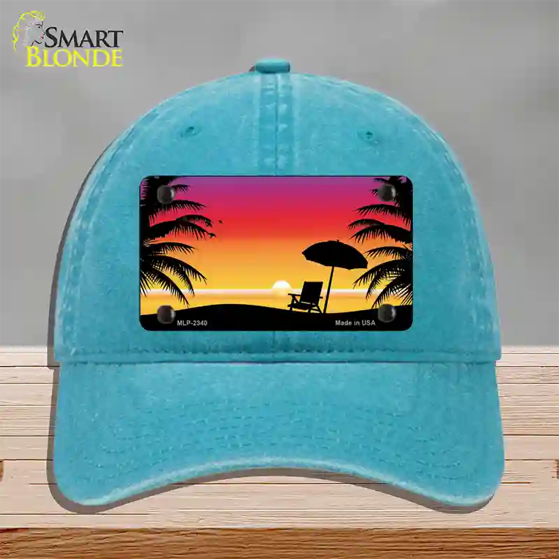 Sunset Beach Novelty License Plate Hat Unconstructed Cotton / Lake Blue