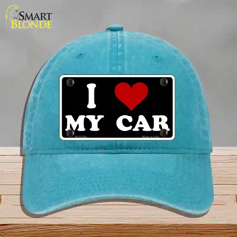 I Love My Car Black Novelty License Plate Hat Unconstructed Cotton / Lake Blue