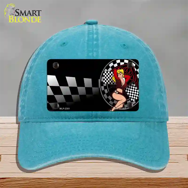 Racing Pin Up Girl Novelty License Plate Hat Unconstructed Cotton / Lake Blue