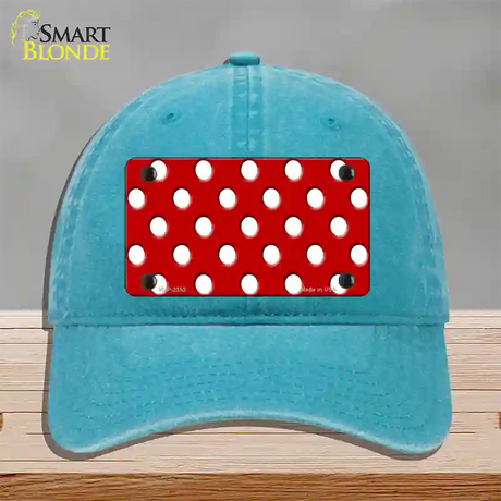 White Polka Dots Red Novelty License Plate Hat Unconstructed Cotton / Lake Blue