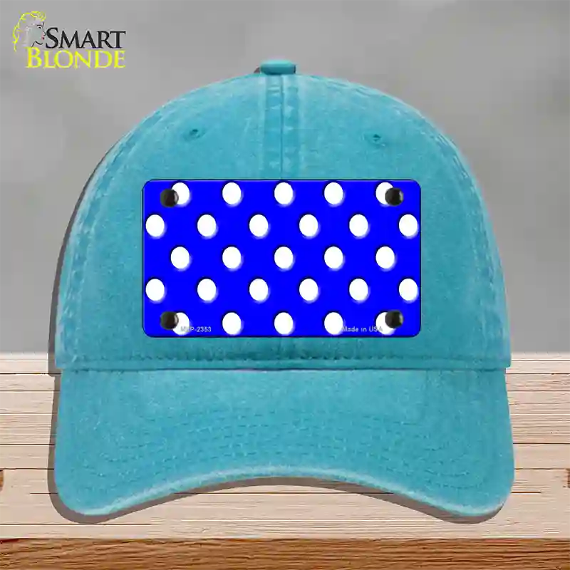 White Polka Dots Royal Blue Novelty License Plate Hat Unconstructed Cotton / Lake Blue