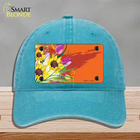 Floral Bouquet Offset Novelty License Plate Hat Unconstructed Cotton / Lake Blue