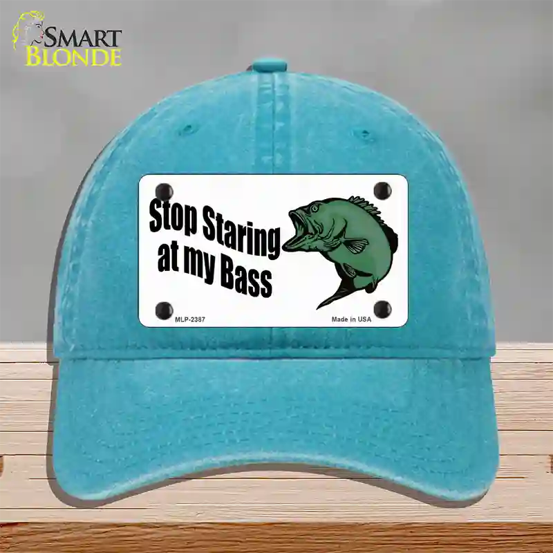 Stop Staring At My Bass Novelty License Plate Hat Unconstructed Cotton / Lake Blue