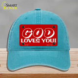 God Loves You Novelty License Plate Hat Unconstructed Cotton / Lake Blue