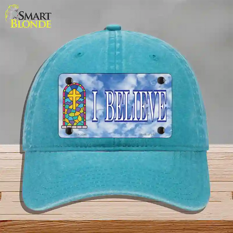 I Believe Novelty License Plate Hat Unconstructed Cotton / Lake Blue