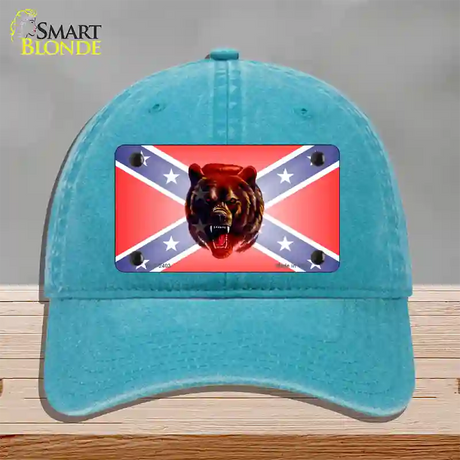 Confederate Flag Grizzly Bear Novelty License Plate Hat Unconstructed Cotton / Lake Blue