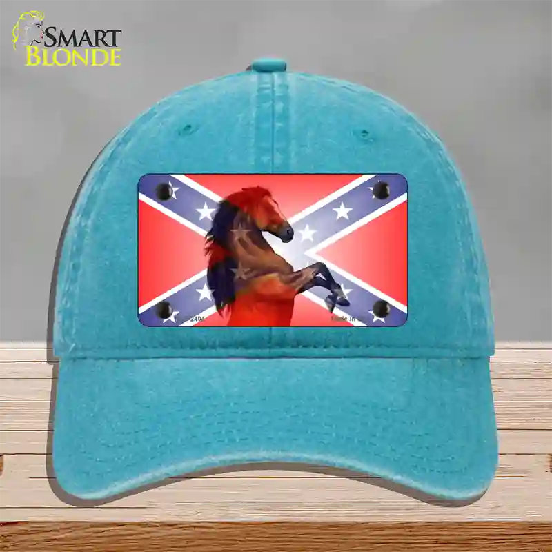 Confederate Flag Stallion Horse Novelty License Plate Hat Unconstructed Cotton / Lake Blue