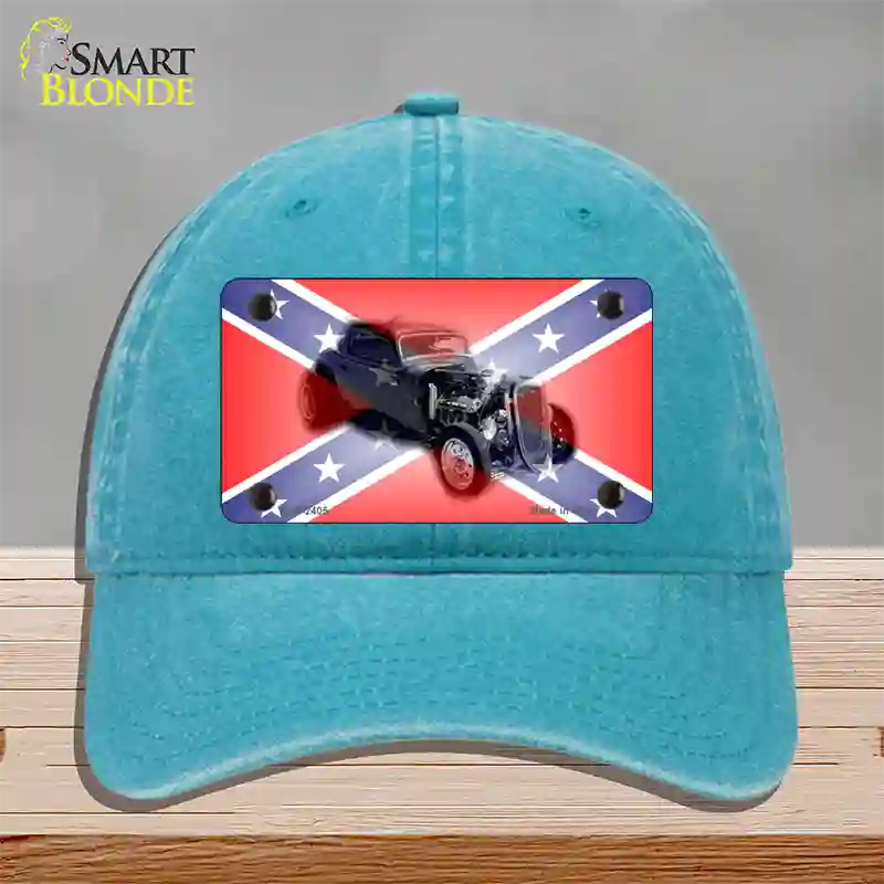 Confederate Flag Hot Rod Novelty License Plate Hat Unconstructed Cotton / Lake Blue