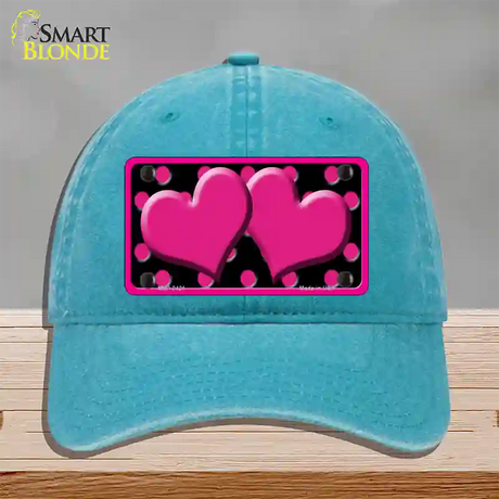 Hot Pink Black Polka Dot Hot Pink Center Hearts Novelty License Plate Hat Unconstructed Cotton / Lake Blue