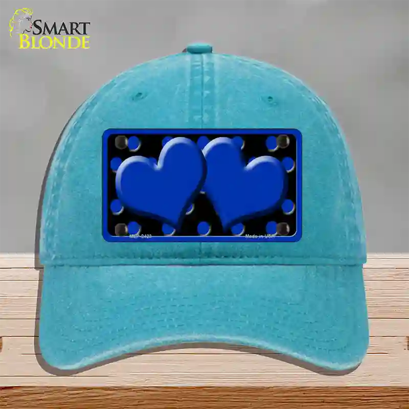 Blue Black Polka Dot Blue Center Hearts Novelty License Plate Hat Unconstructed Cotton / Lake Blue