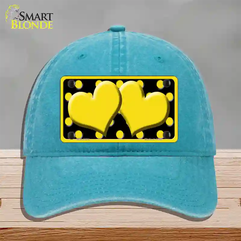 Yellow Black Polka Dot Yellow Center Hearts Novelty License Plate Hat Unconstructed Cotton / Lake Blue