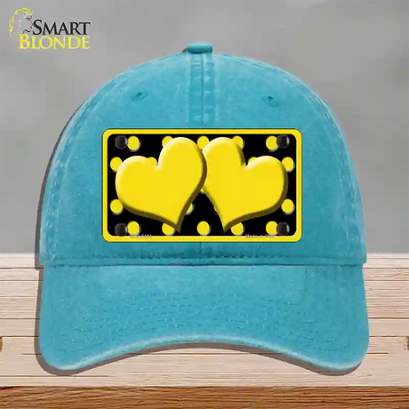 Yellow Black Polka Dot Yellow Center Hearts Novelty License Plate Hat Unconstructed Cotton / Lake Blue