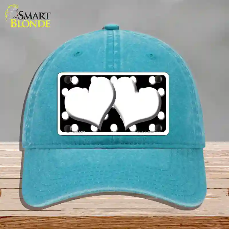 White Black Polka Dot Black Center Hearts Novelty License Plate Hat Unconstructed Cotton / Lake Blue