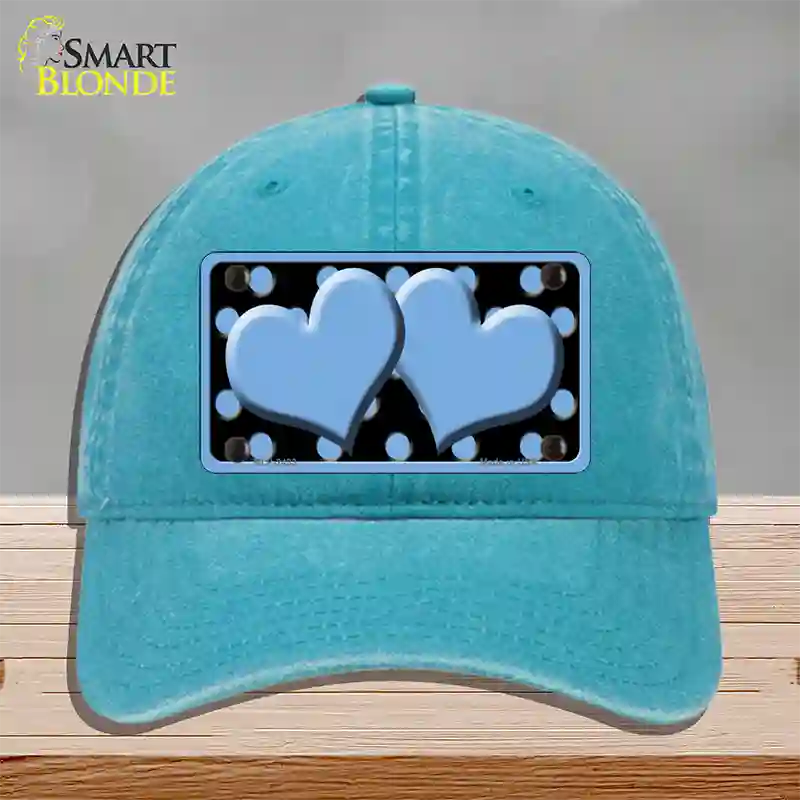 Light Blue Black Polka Dot Light Blue Centered Hearts Novelty License Plate Hat Unconstructed Cotton / Lake Blue