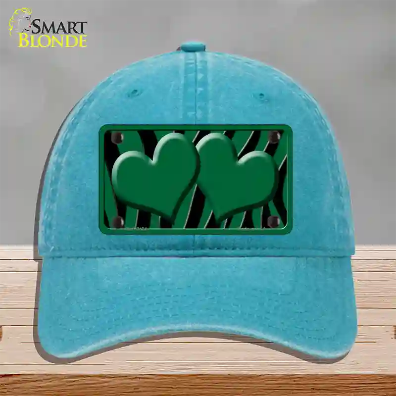 Green Black Zebra Green Centered Hearts Novelty License Plate Hat Unconstructed Cotton / Lake Blue