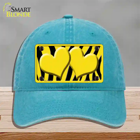 Yellow Black Zebra Yellow Centered Hearts Novelty License Plate Hat Unconstructed Cotton / Lake Blue