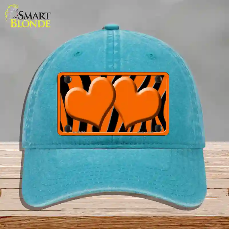 Orange Black Zebra Orange Centered Hearts Novelty License Plate Hat Unconstructed Cotton / Lake Blue