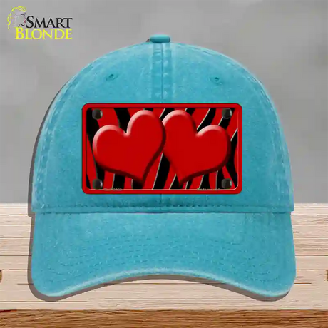 Red Black Zebra Red Centered Hearts Novelty License Plate Hat Unconstructed Cotton / Lake Blue