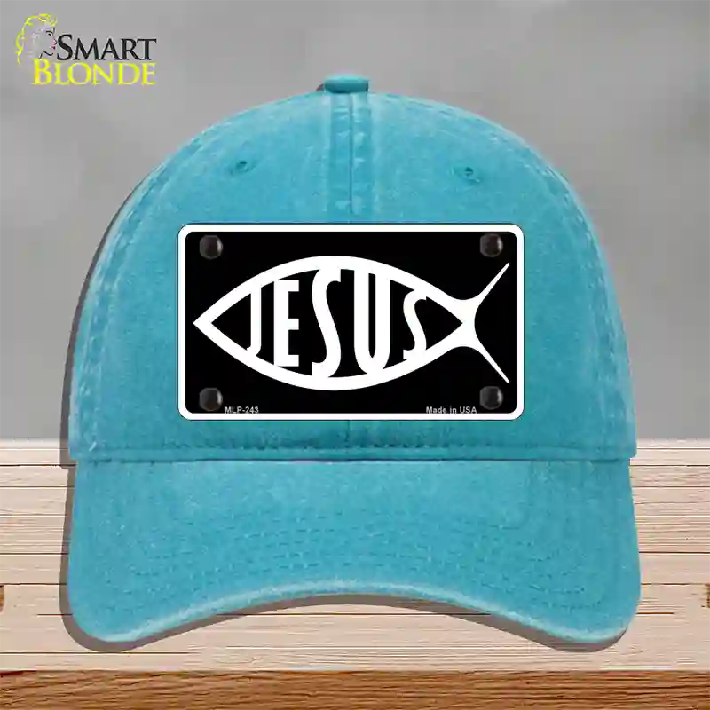 Jesus Fish Novelty License Plate Hat Unconstructed Cotton / Lake Blue