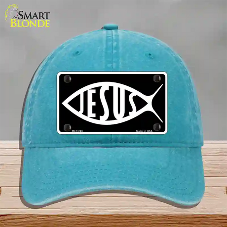 Jesus Fish Novelty License Plate Hat Unconstructed Cotton / Lake Blue