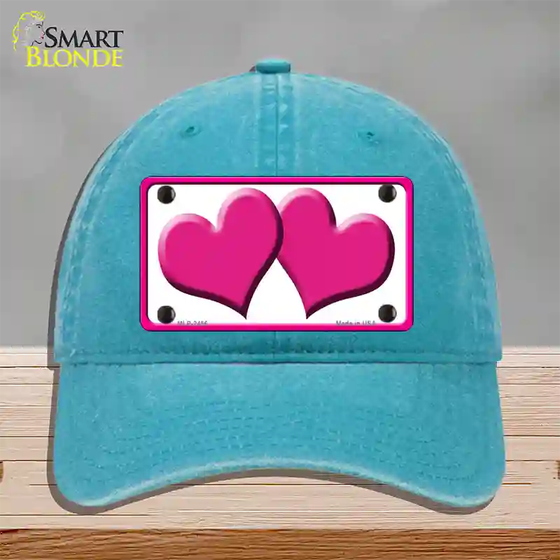 Solid Pink Centered Hearts White Novelty License Plate Hat Unconstructed Cotton / Lake Blue