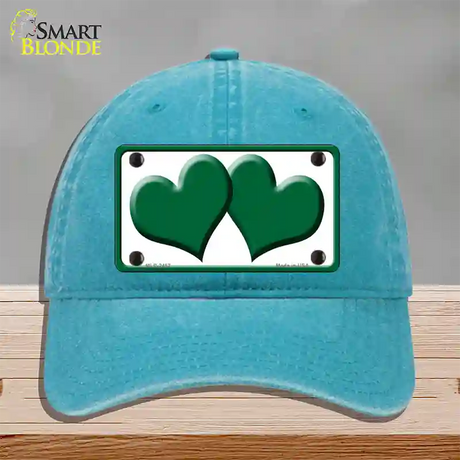 Solid Green Centered Hearts White Novelty License Plate Hat Unconstructed Cotton / Lake Blue