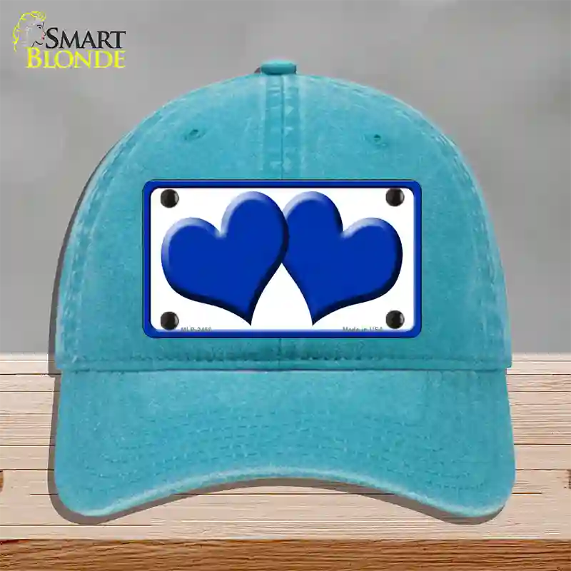 Solid Blue Centered Hearts White Novelty License Plate Hat Unconstructed Cotton / Lake Blue